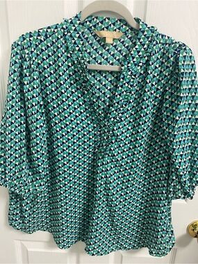 Geometric size XL Print Ruffle V-Neck Blouse - Green/navy Blue